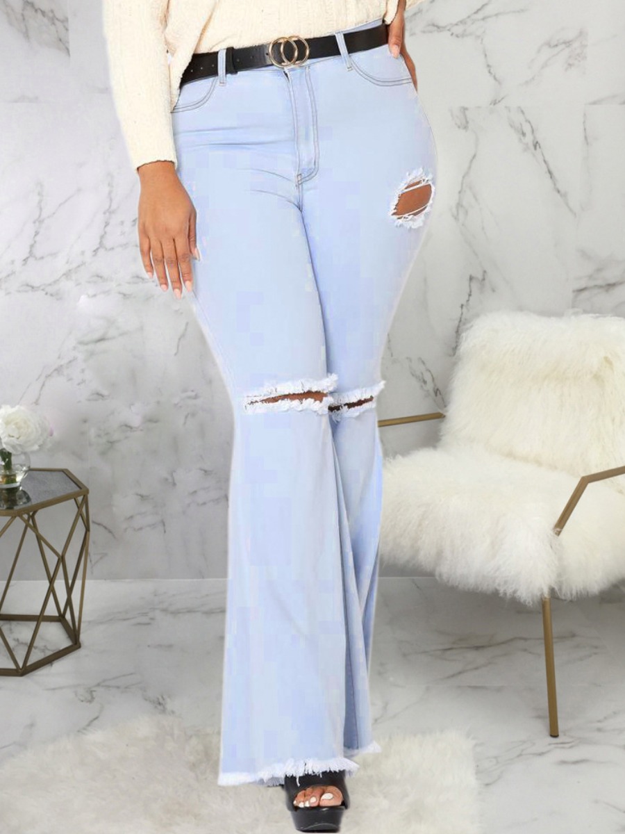 

Lovely Plus Size Street Ripped Flared Baby Blue Jeans