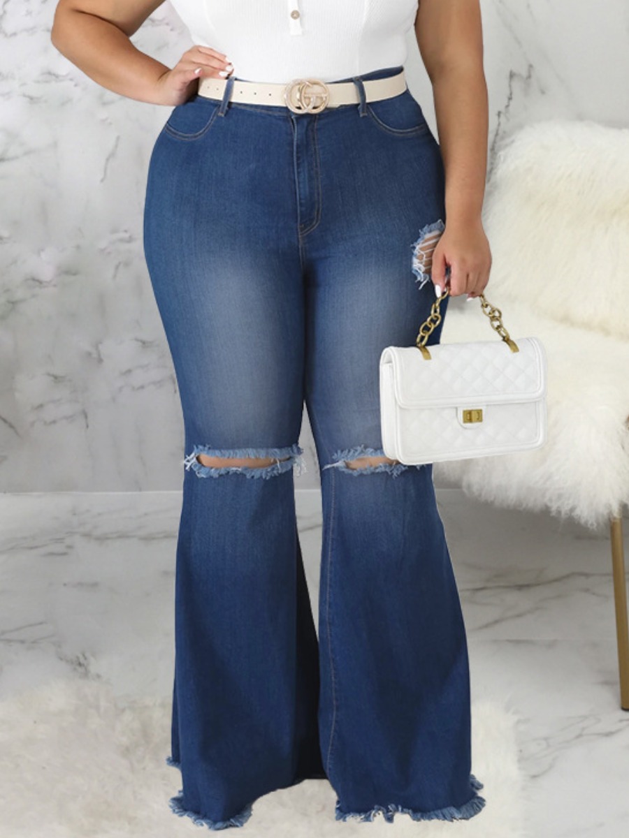 

LW Plus Size Street Ripped Flared Deep Blue Jeans