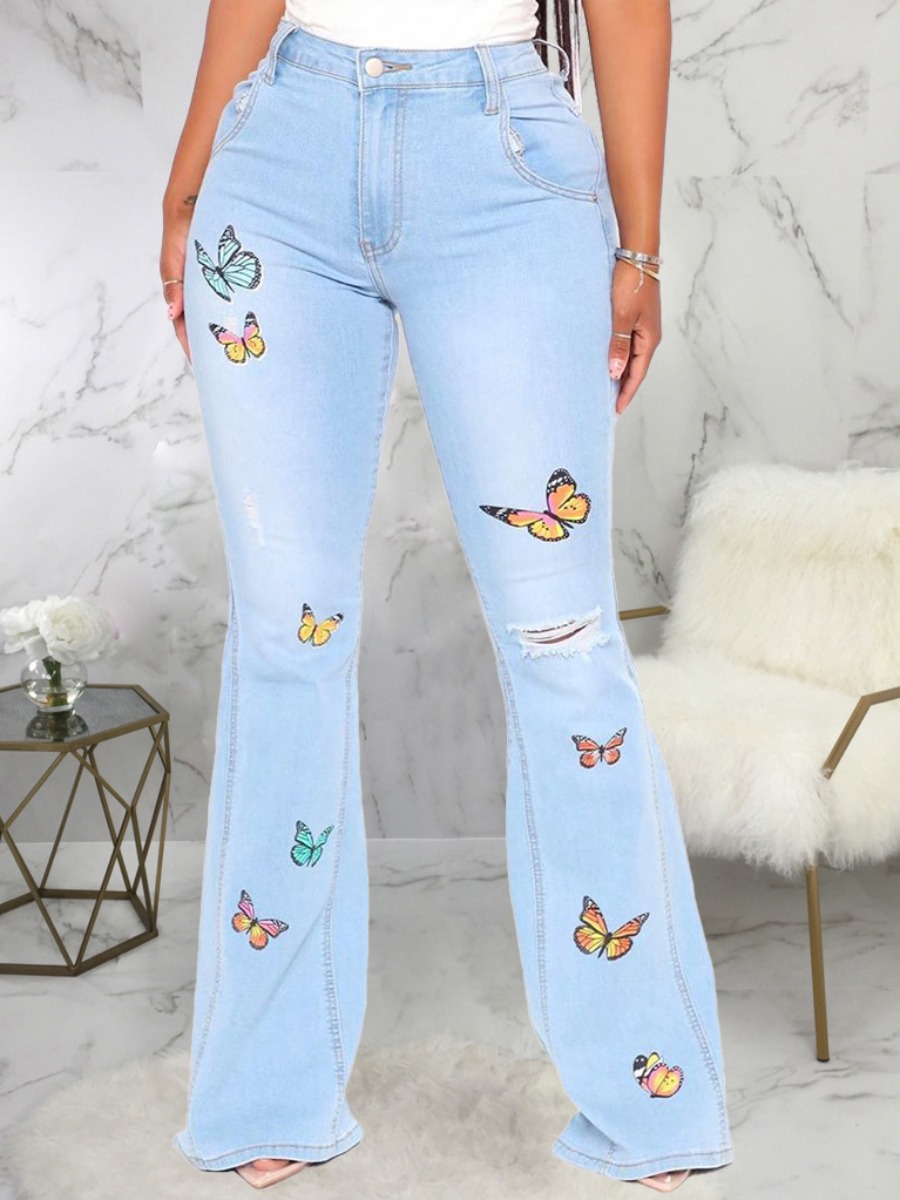 

Lovely Casual Butterfly Print Ripped Flared Baby Blue Jeans