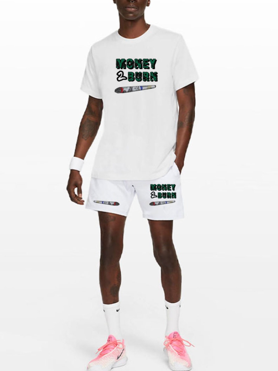 

Lovely Men Casual Round Neck Letter Print White Two Piece Shorts Set