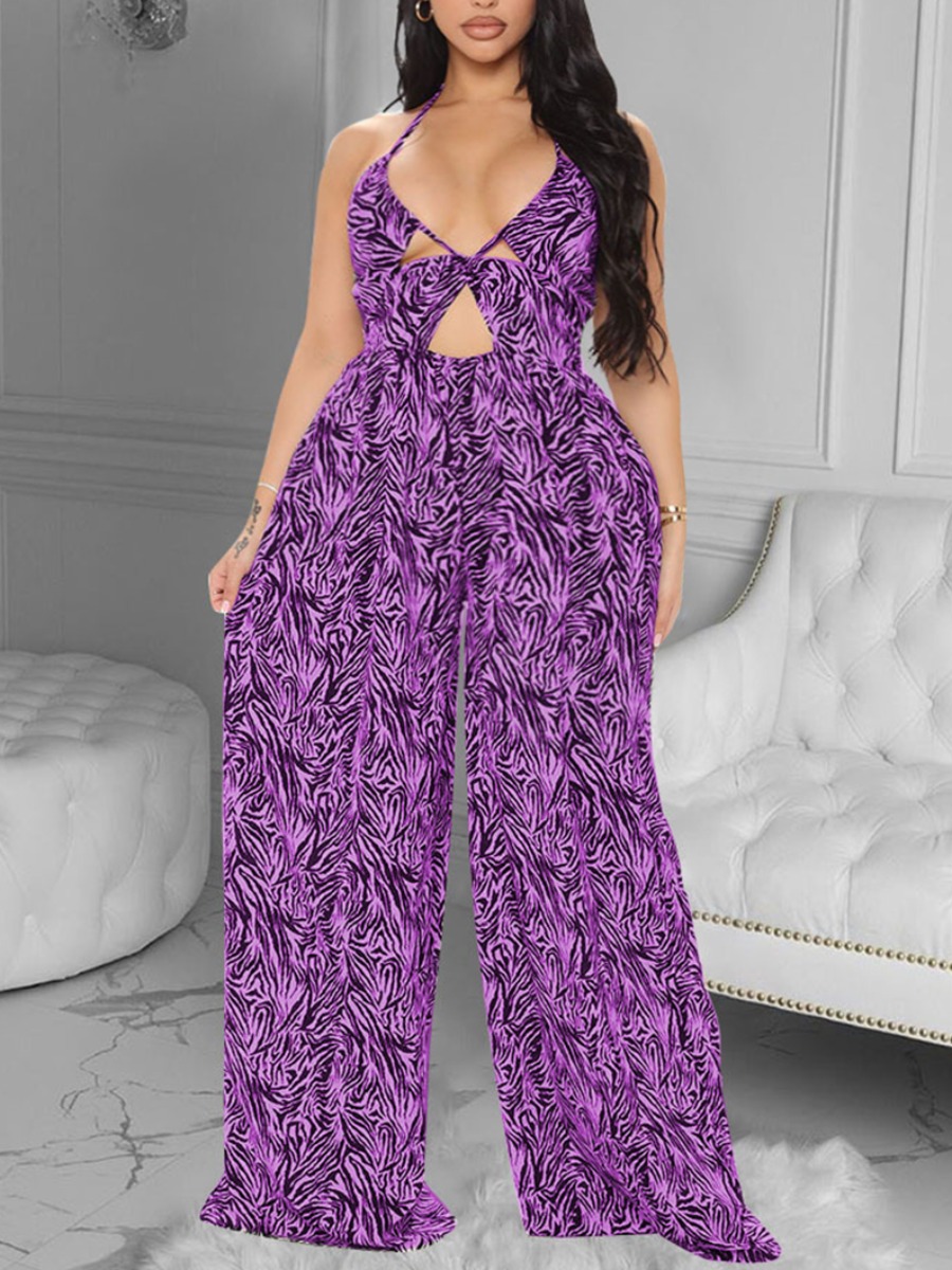 

LW SXY Plus Size Sweet Print Hollow-out Purple One-piece Jumpsuit