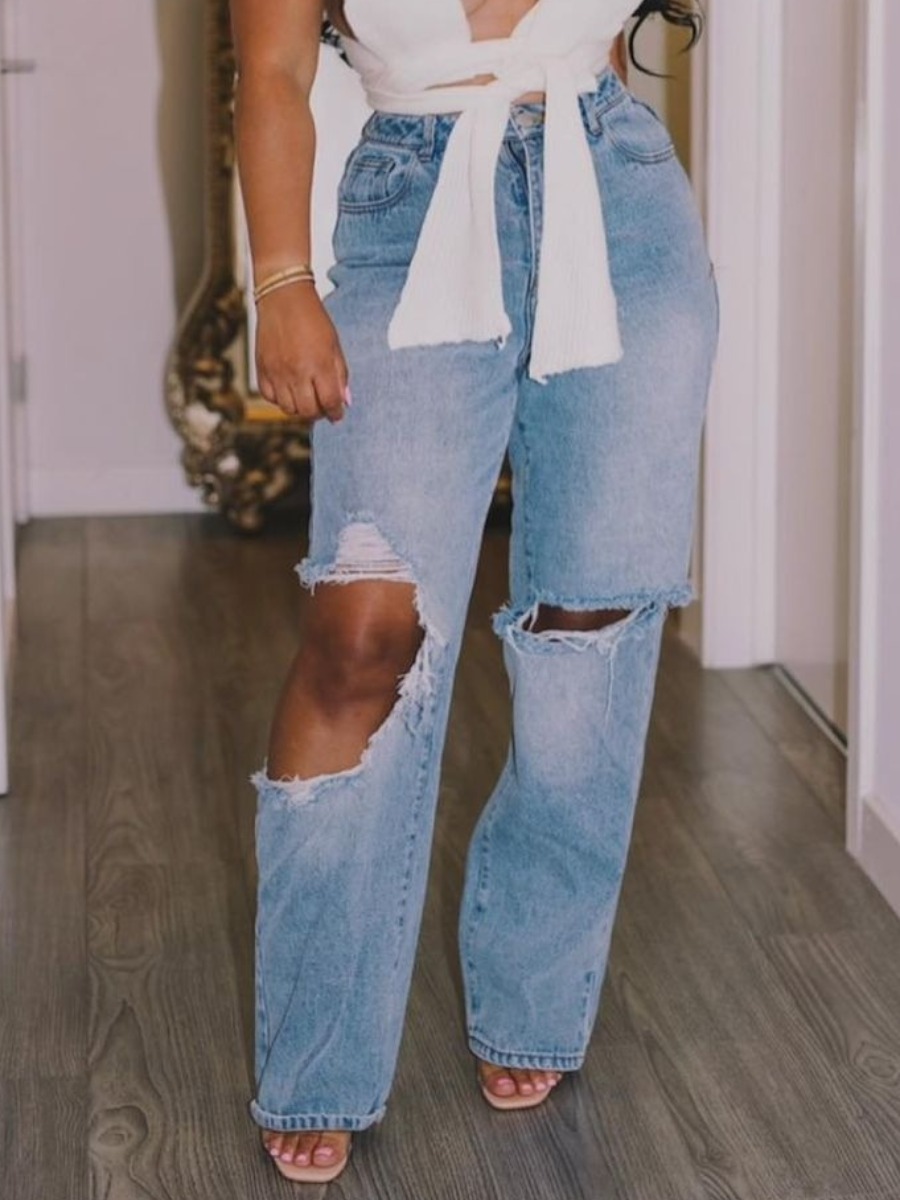 

Lovely Street Mid Waist Ripped Blue Jeans