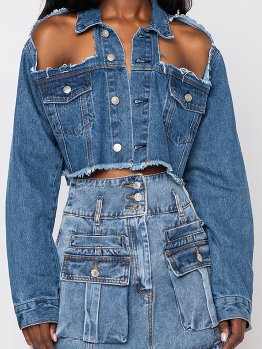 

LW Button Design Ripped Denim Jacket, Blue