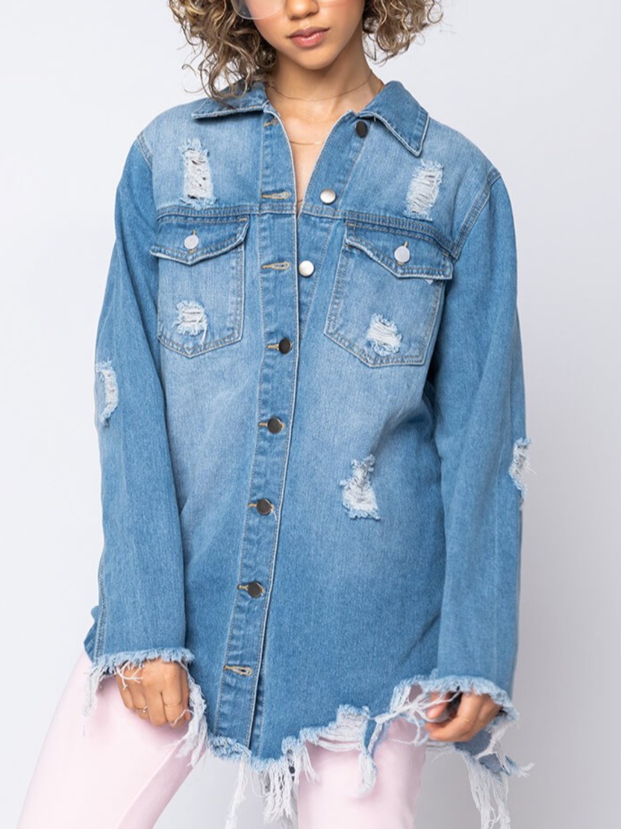 

LW Turndown Collar Ripped Denim Jacket, Blue
