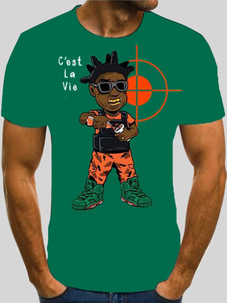 

LW Men Casual Cartoon Letter Print Green T-shirt