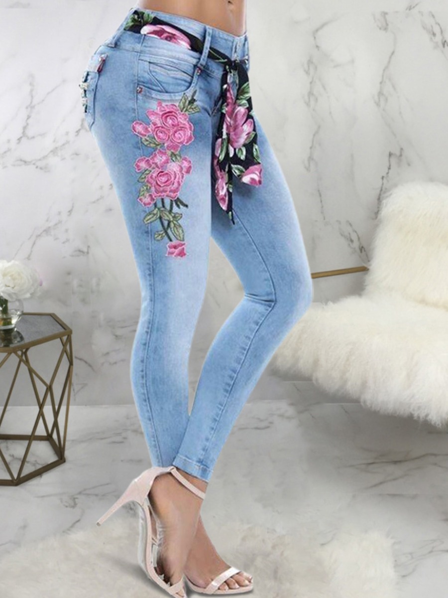

LW Street Mid Waist Floral Decoration Baby Blue Jeans