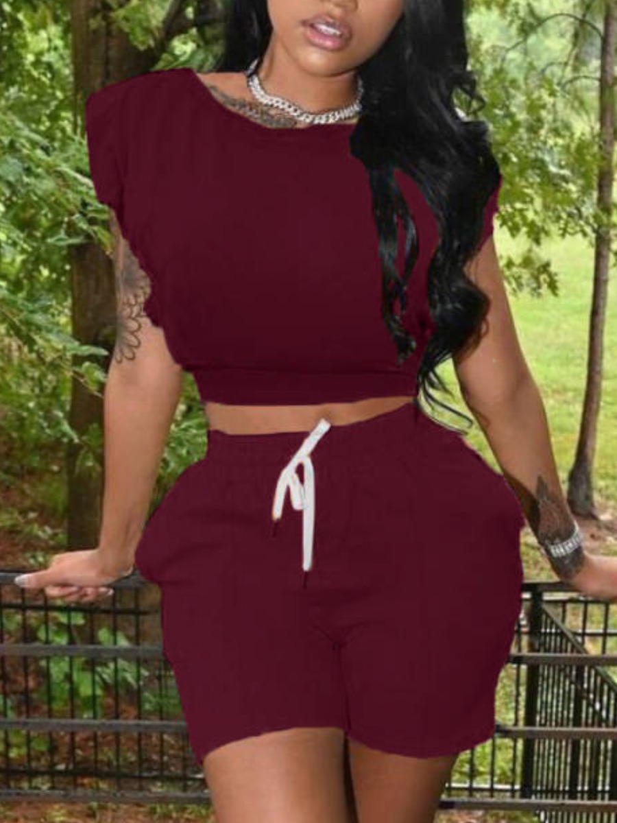 

LW Casual Round Neck Drawstring Wine Red Two Piece Shorts Set