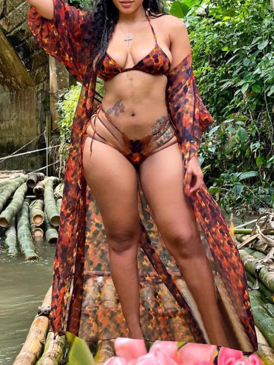 

Lovely Boho Tie-dye Hollow-out Red Three-piece Swimsuit