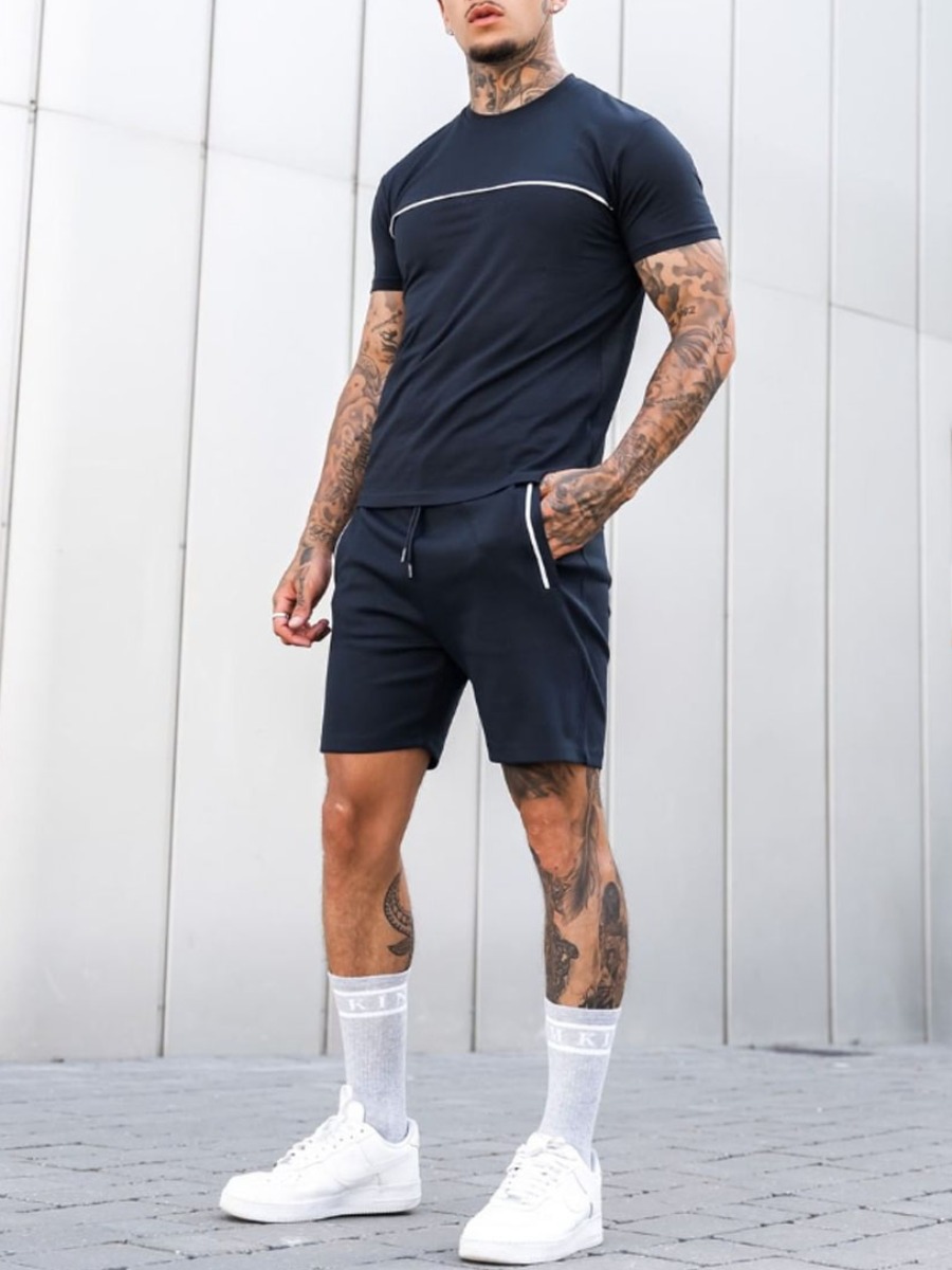 

Lovely Men Casual Striped Drawstring Deep Blue Two Piece Shorts Set