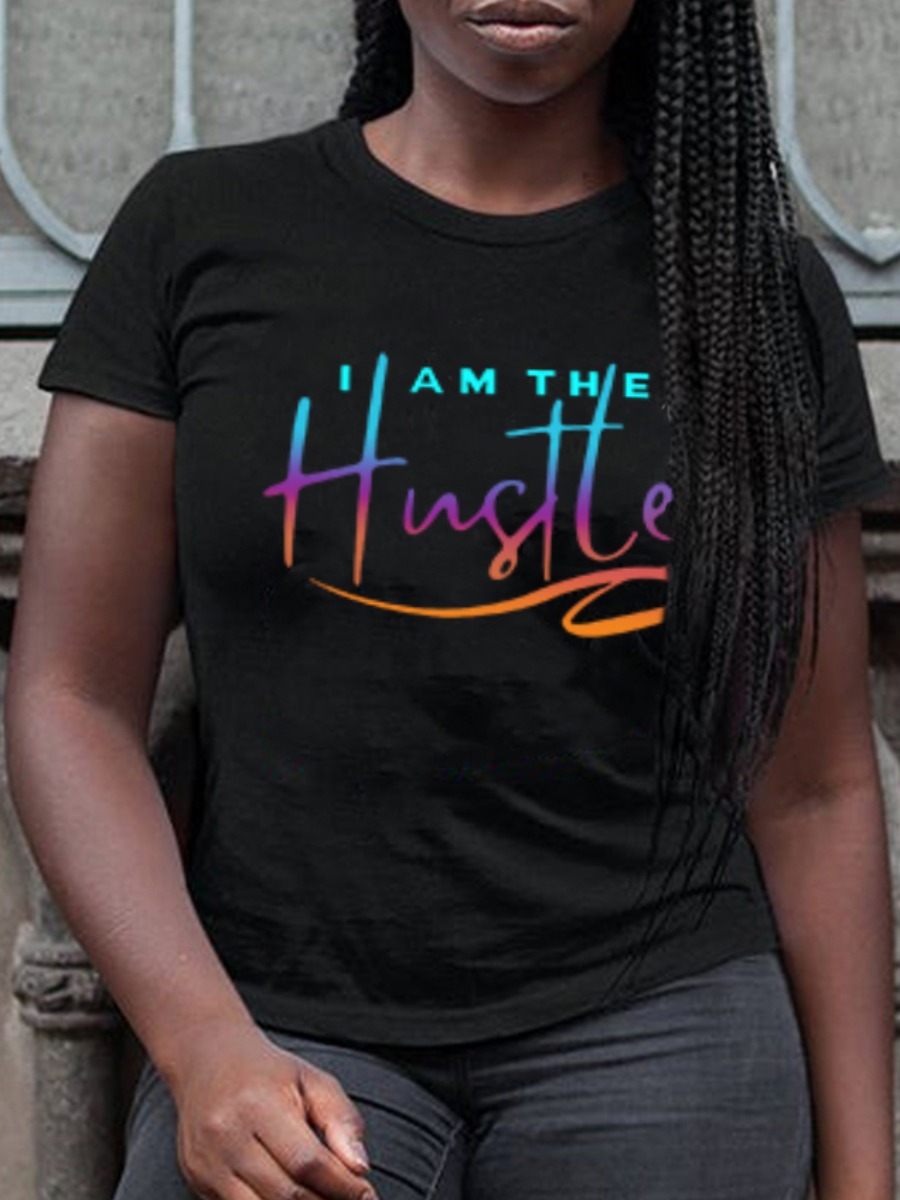 

LW BASICS Casual Round Neck Letter Print Black T-shirt