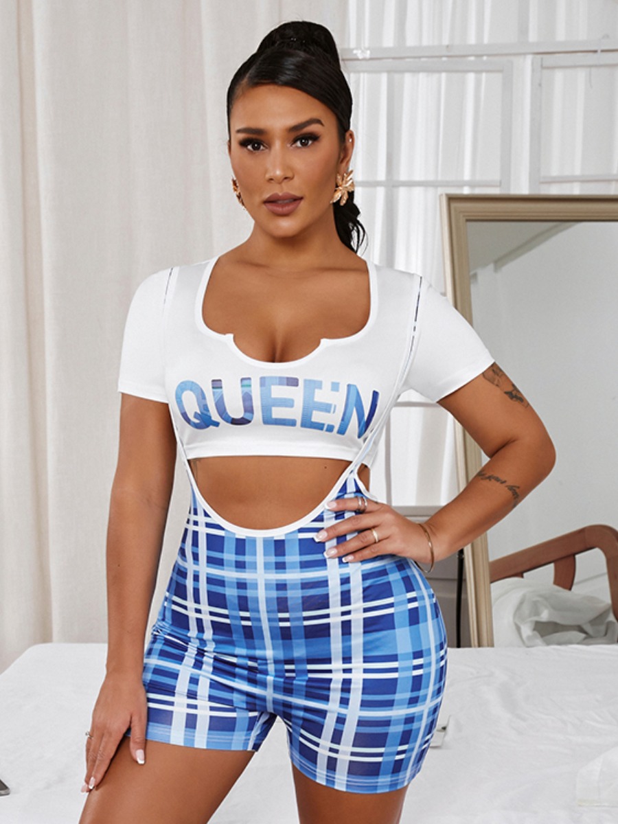 

LW Casual Letter Plaid Print Overall Blue Two Piece Shorts Set