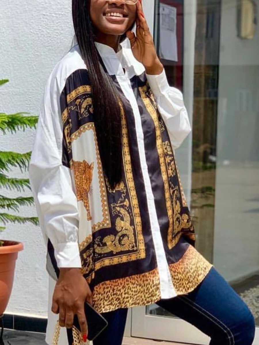 

Lovely Street Turndown Collar Mix Print White Blouses