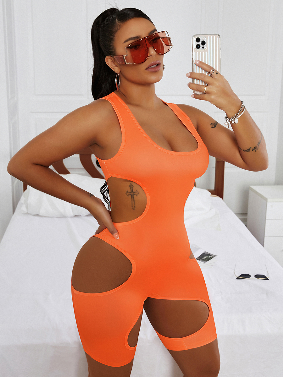 

LW SXY U Neck Hollow-out Orange One-piece Romper