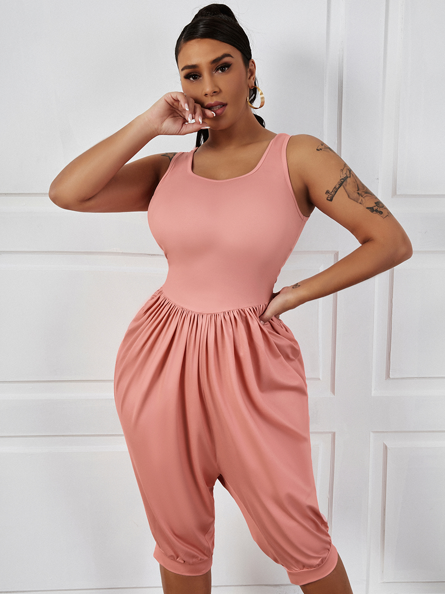 

LW Casual U Neck Fold Design Pink One-piece Romper