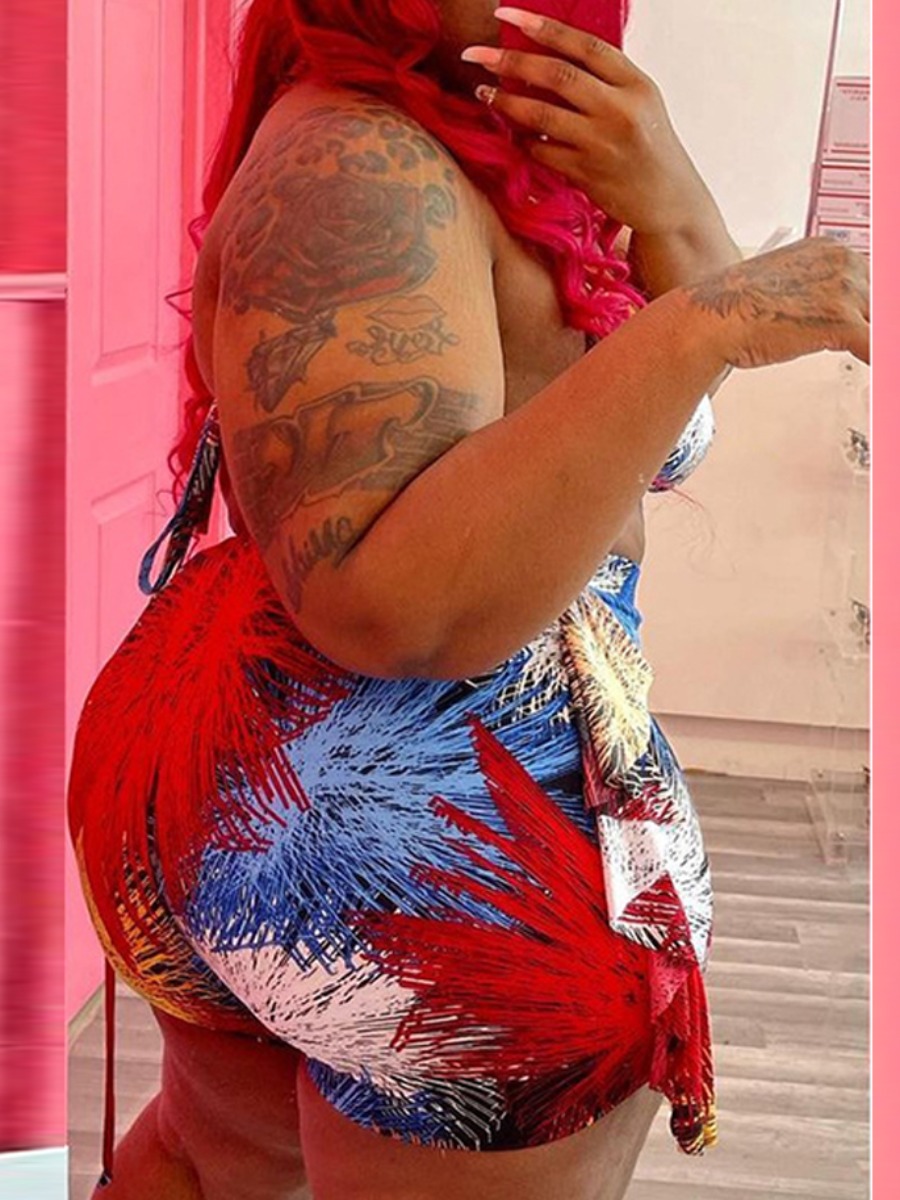 

Lovely Plus Size Boho Backless Floral Print Multicolor Two-Piece Shorts Set, Multi