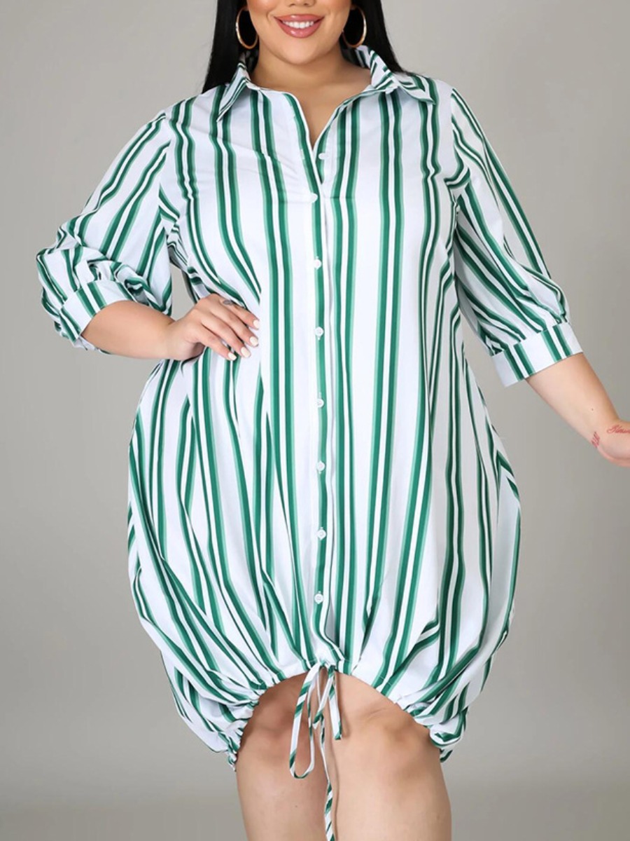 

LW Plus Size Casual Striped Drawstring Green Knee Length Dress