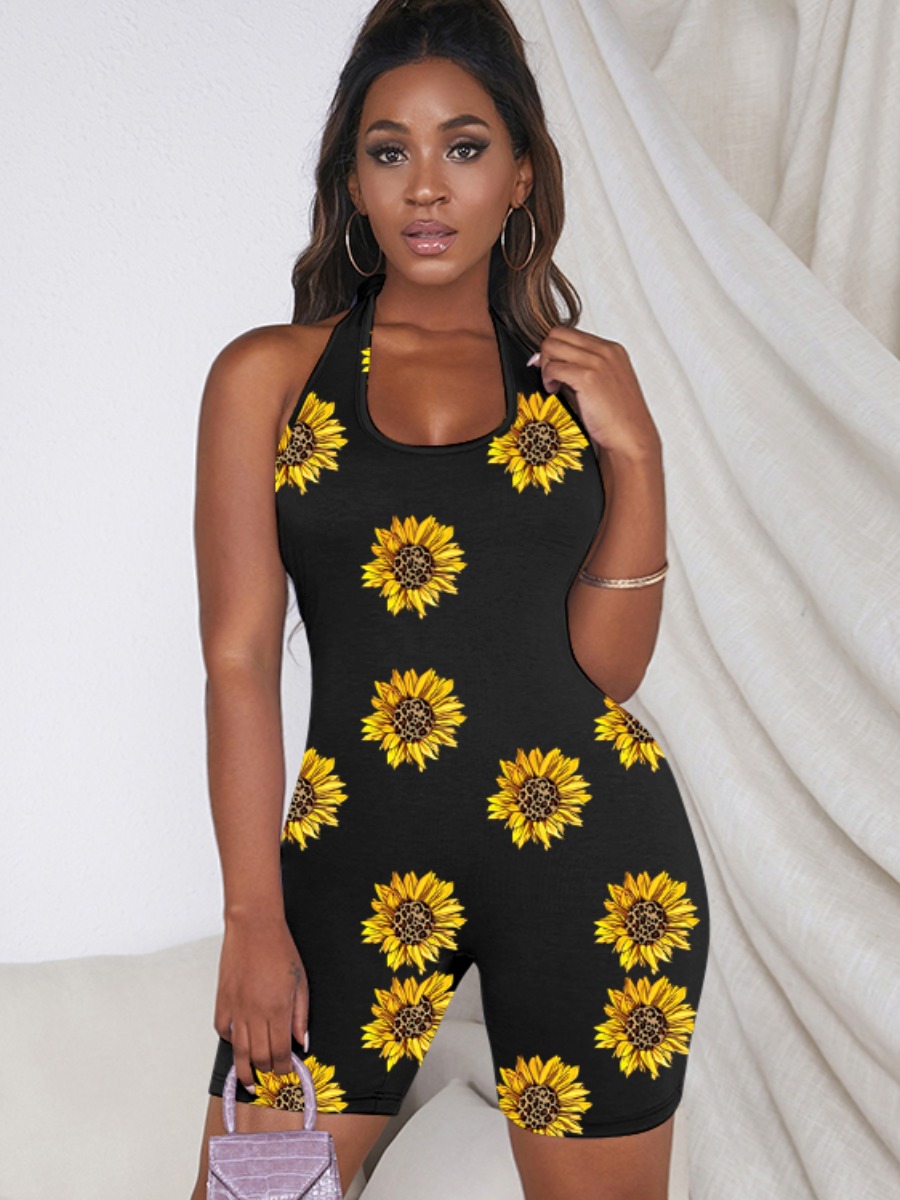 

LW Boho Backless Floral Print Black One-piece Romper