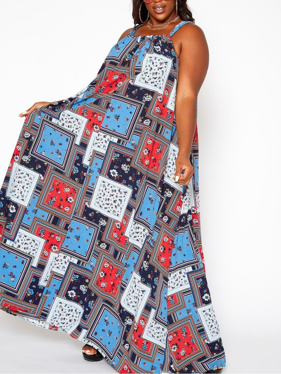 

Lovely Plus Size Casual U Neck Mixed Print Blue Floor Length Dress