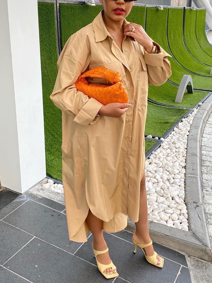 

Lovely Dropped Shoulder Button Design Shirt Dress, Khaki