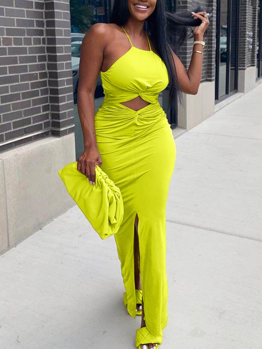 

Lovely Twist Front Hollow-out Slit Dress, Yellow