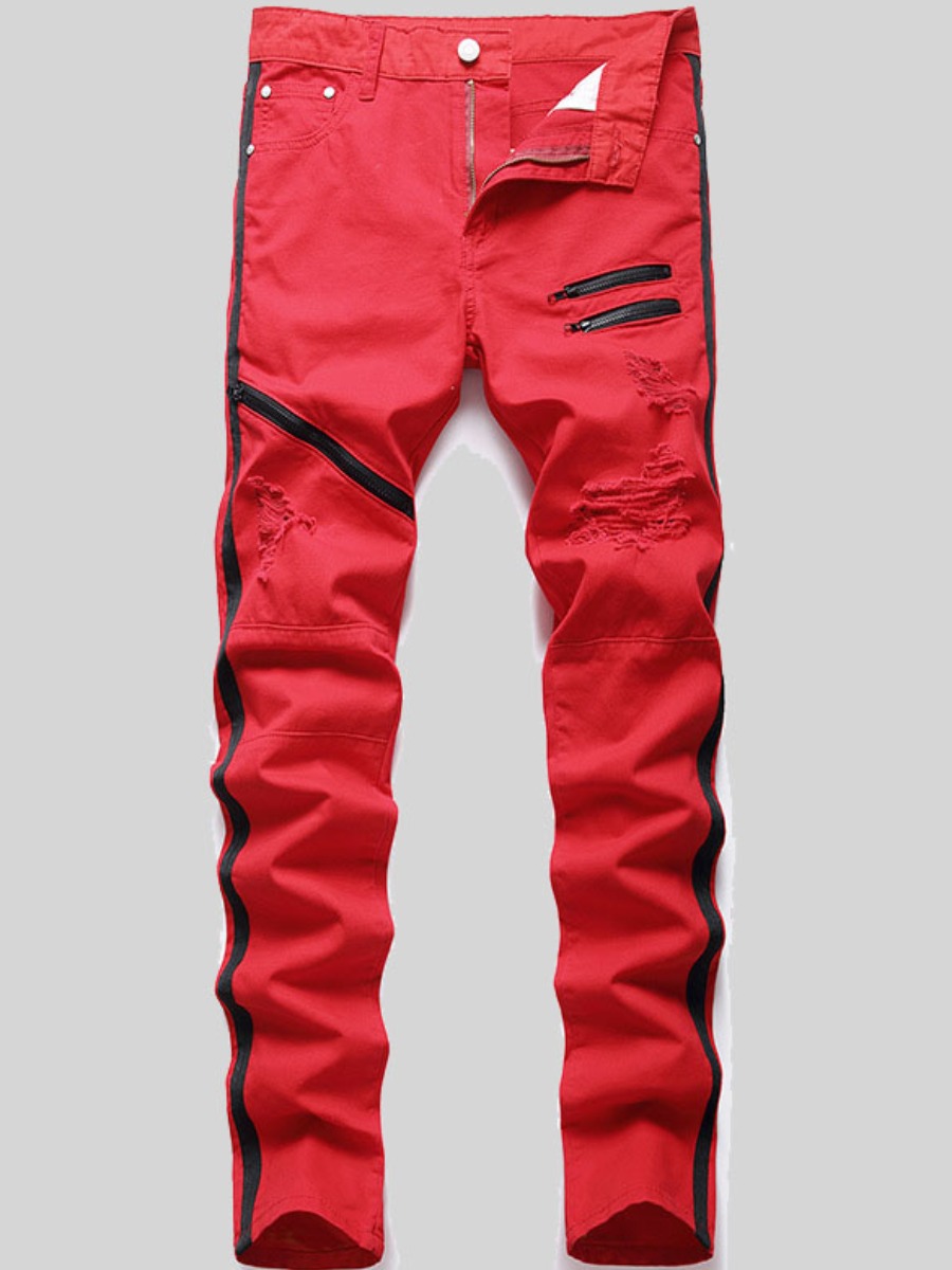 

LW Men Ripped Striped Jeans, Red