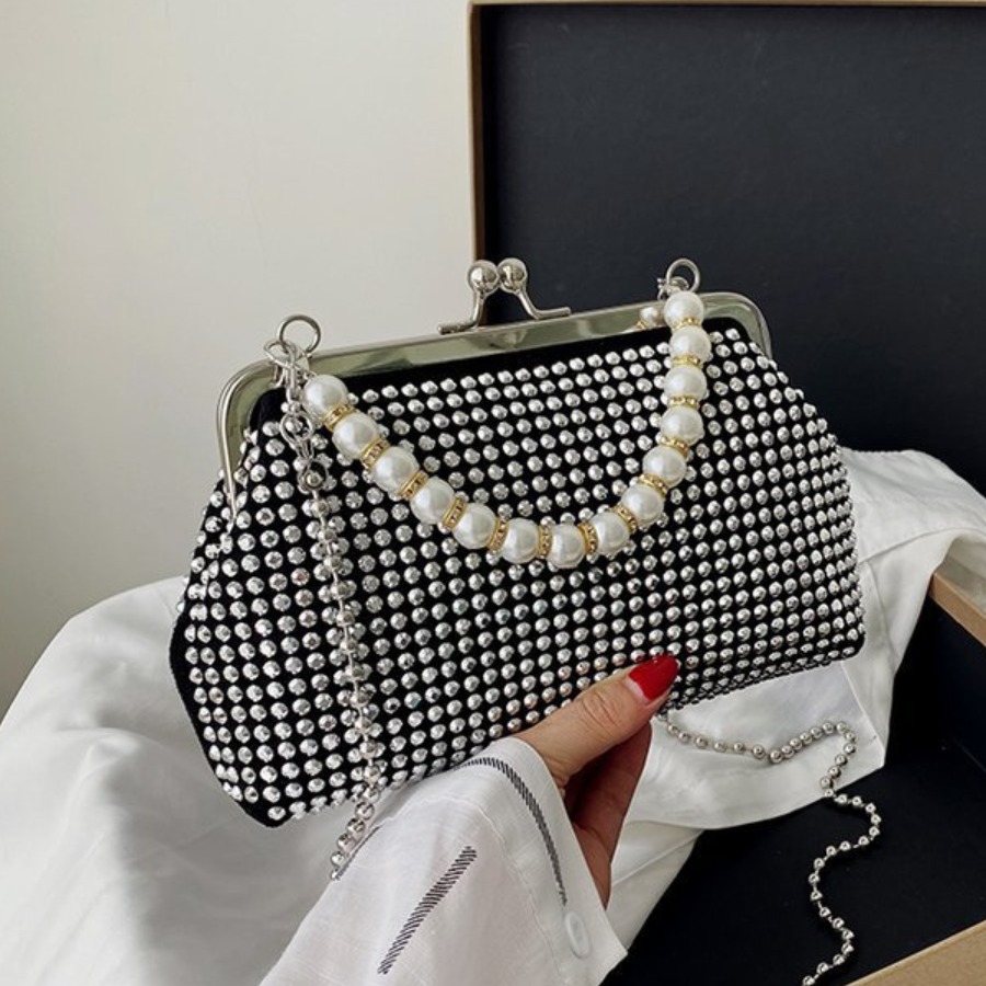 

LW Cystal Pearl Decoration Messenger Bag, Black
