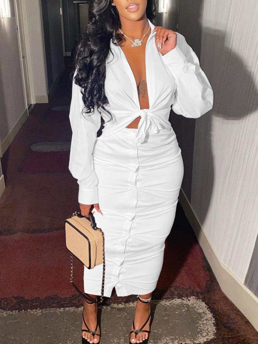 

LW Dropped Shoulder Button Design Two Piece Skirt Set, White