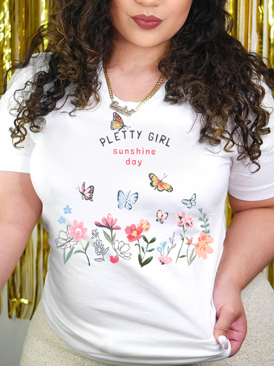 

Lovely Butterfly Floral Letter Print T-shirt, White