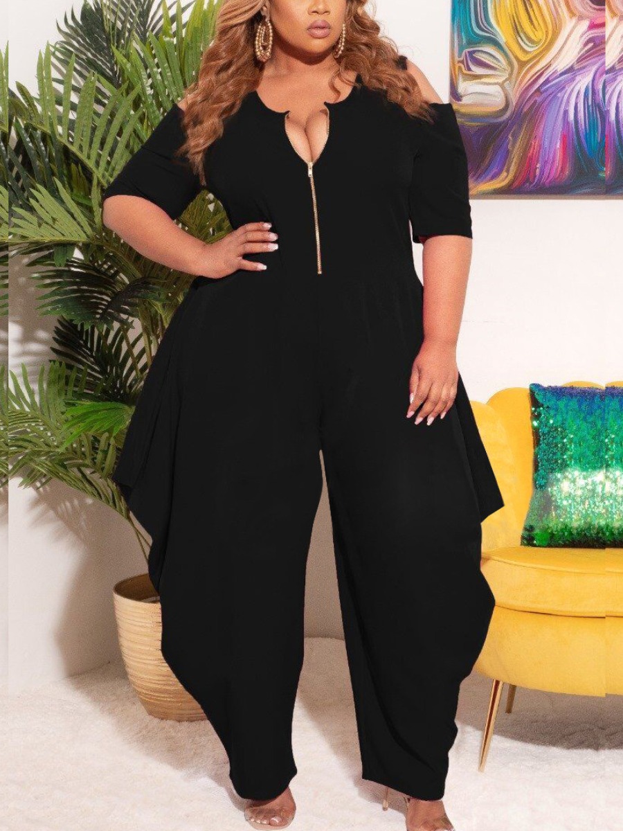 

Lovely Plus Size Fold Zipper Design One-piece Jumpsuit, Black