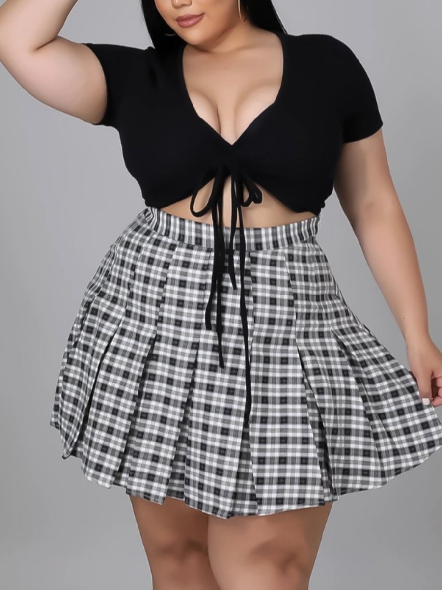 

LW Plus Size Plaid Print Pleated Two-piece Skirt Set, Black