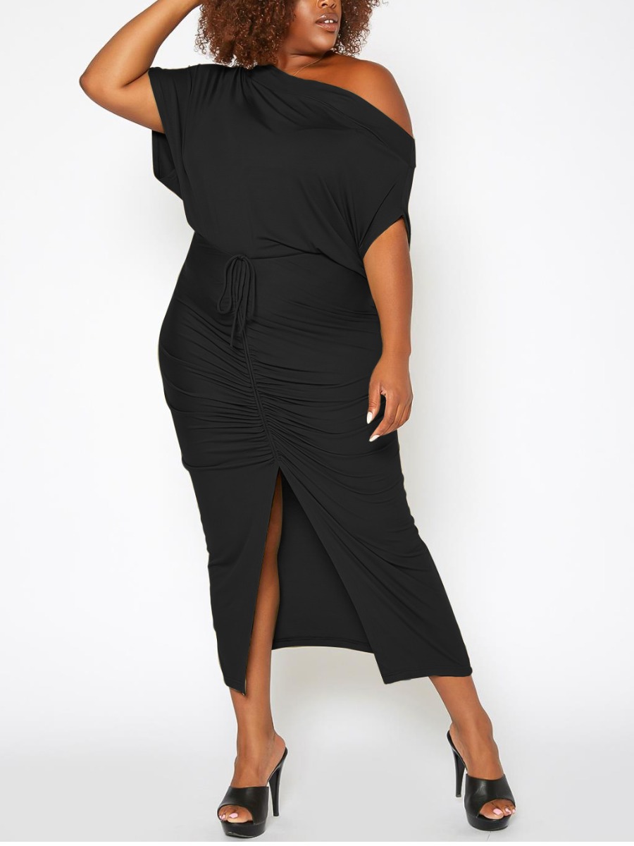 

LW Plus Size Ruched Drawstring Slit Two-piece Skirt Set, Black