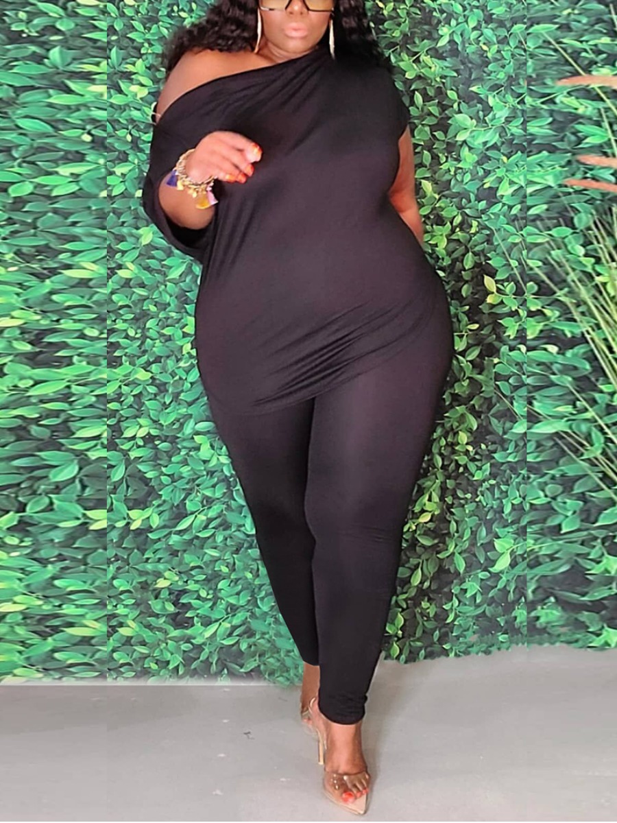

Lovely Plus Size Boat Neck Elastic Two-piece Pants Set, Black