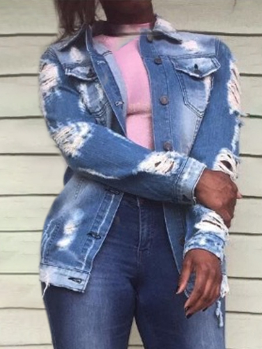 

Lovely Letter Print Ripped Denim Jacket, Blue