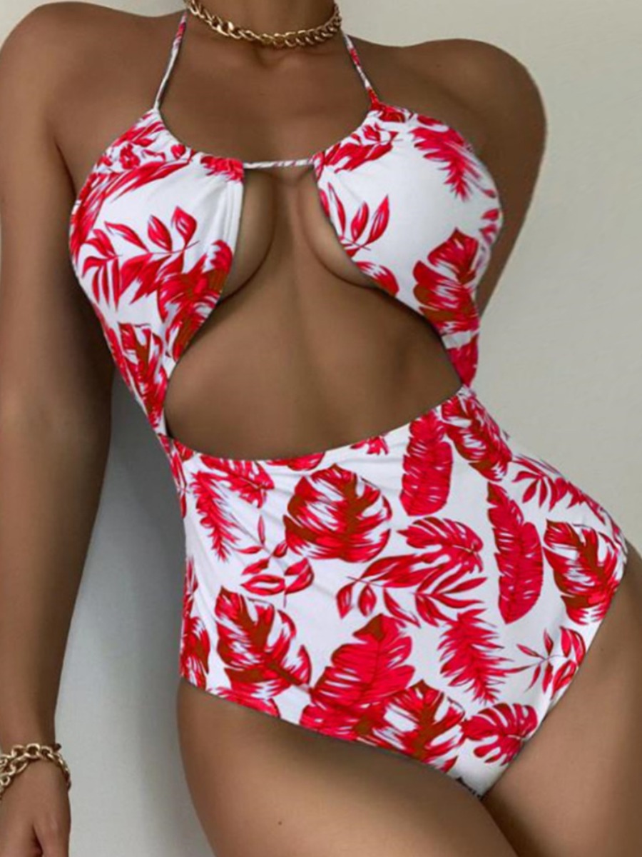 Lovely Floral Print Hollow-out One-piece Swimsuit
