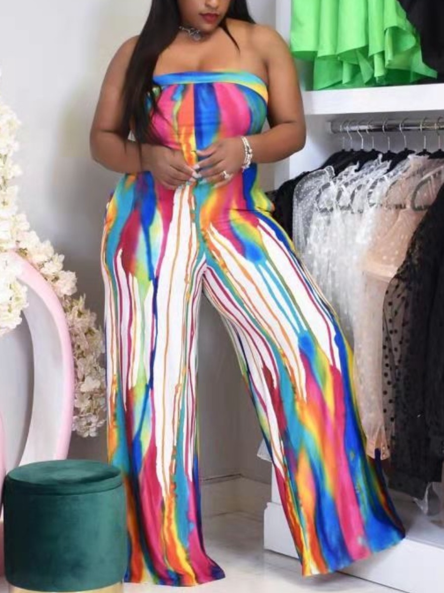 

Lovely Plus Size Off The Shoulder Tie-dye One-piece Jumpsuit, Rose red