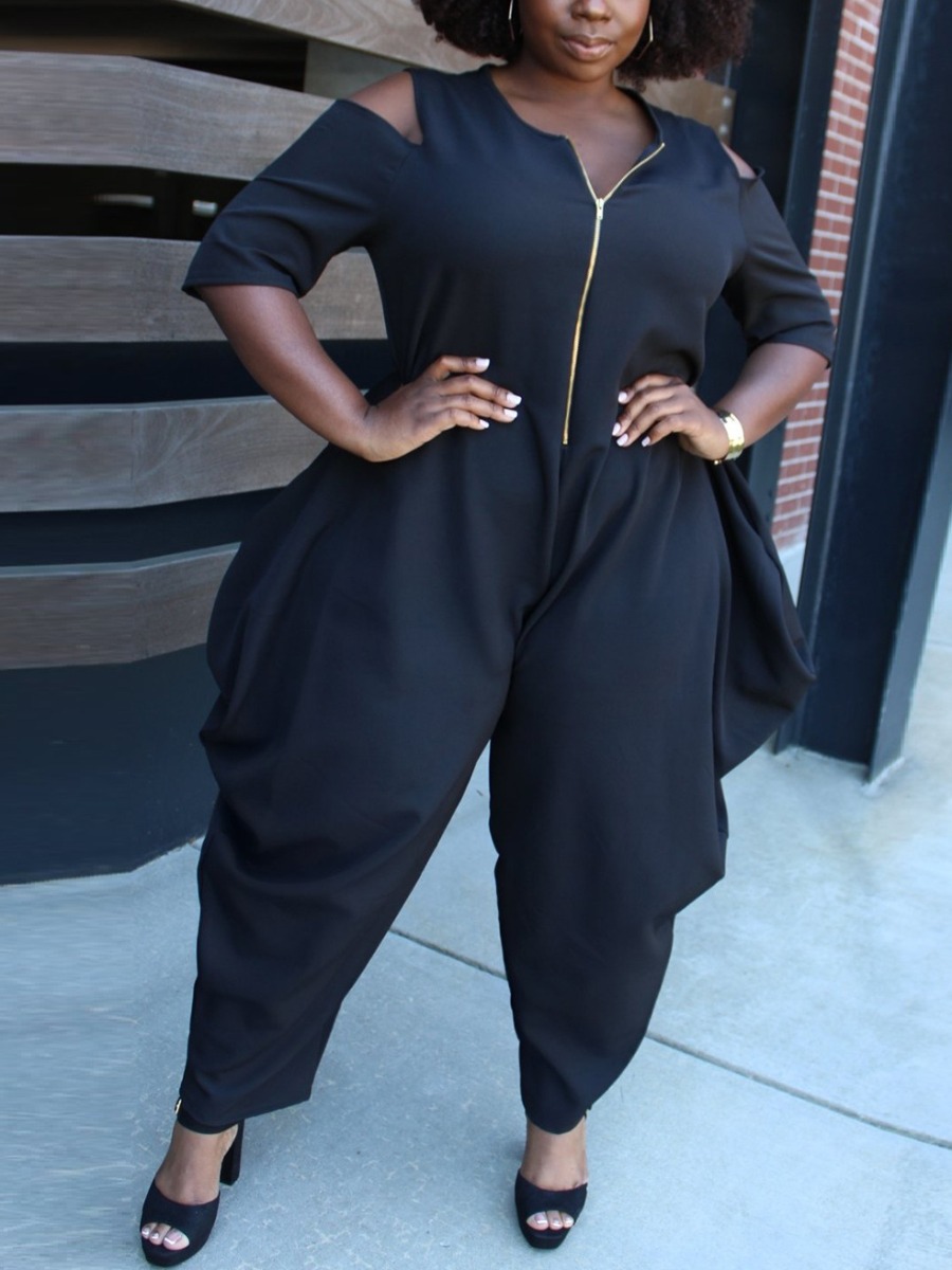 

LW Plus Size Hollow-out Zipper Design One-piece Jumpsuit, Black