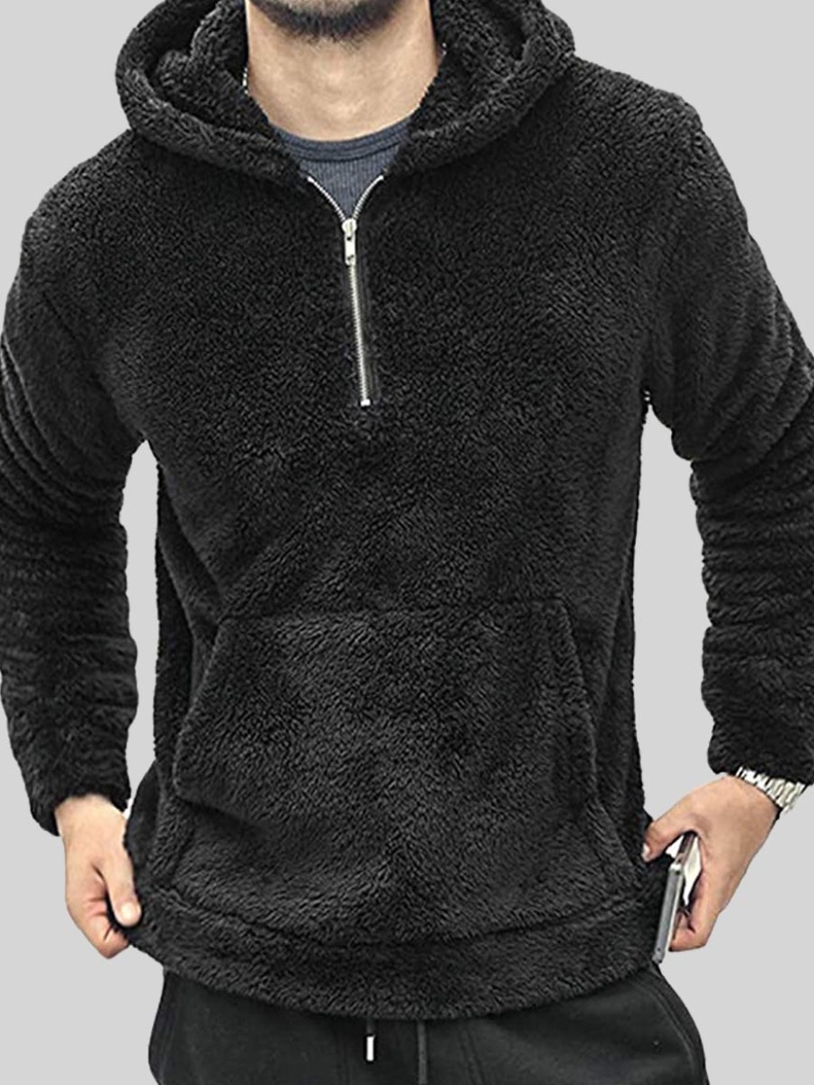 

Lovely Men Hooded Collar Kangaroo Pocket Hoodie, Black