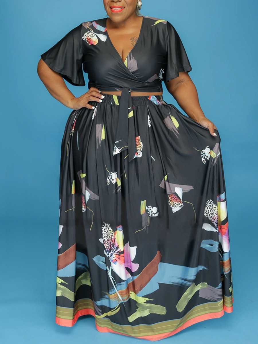 

Lovely Plus Size Floral Print Bandage Design Two-piece Skirt Set, Black