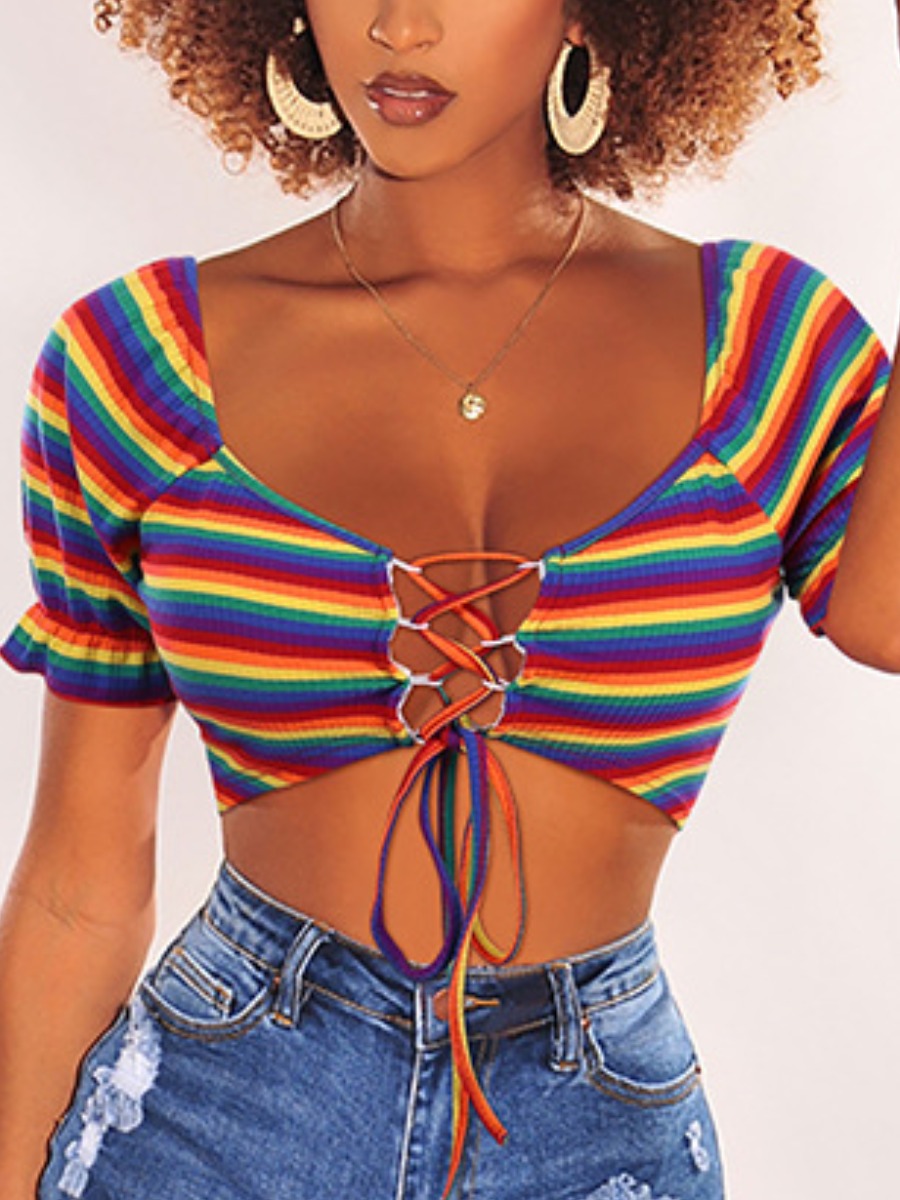 

LW SXY Rainbow Striped Bandage Hollow-out Design T-shirt, Multi