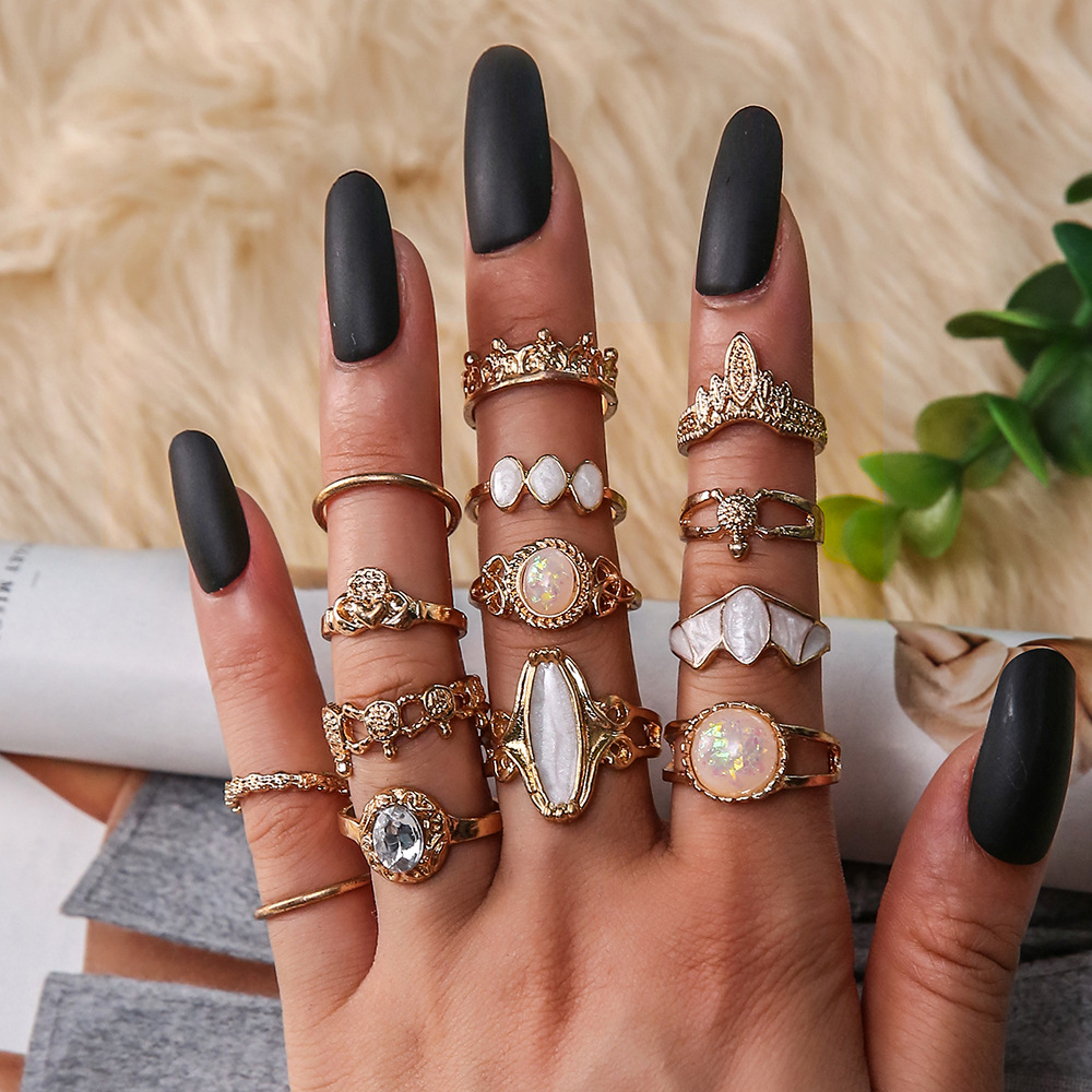 

LW 14PCS Boho Crystal Decoration Gold Ring