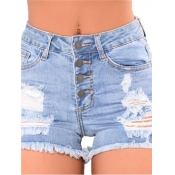 Lovely Stylish Broken Holes Baby Blue Denim Shorts