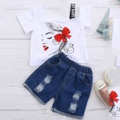 Lovely Girl Casual Graffiti Print Broken Holes Whi
