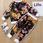 LW Girl Casual O Neck Floral Print Blue Two-piece 