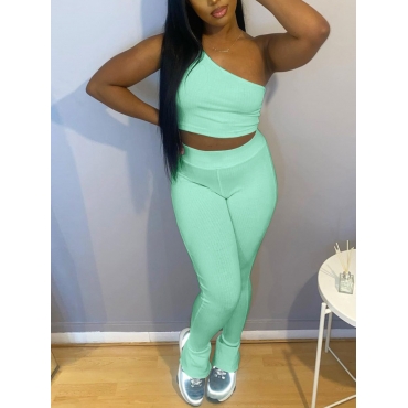

Lovely Casual One Shoulder Basic Skinny Green Two Piece Pants Set