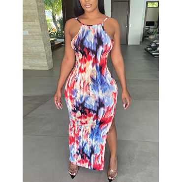 

Lovely Sexy Tie-dye Backless Multicolor Ankle Length Dress, Multi