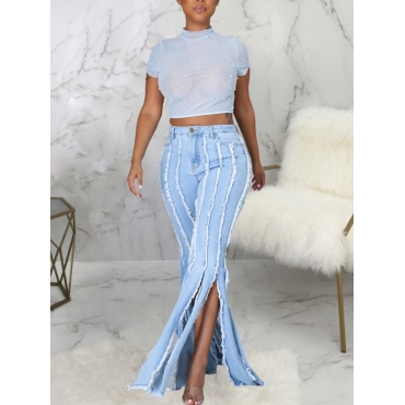 

LW Casual High-waisted Tassel Design Baby Blue Jeans