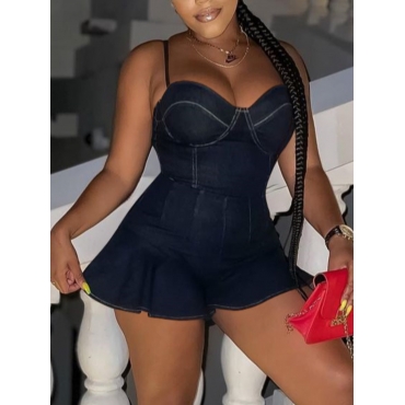 

Lovely Sweet Spaghetti Strap Flounce Design Black One-piece Denim Jumpsuit