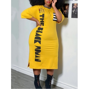 

LW Plus Size Casual Letter Print Slit Yellow Mid Calf Dress