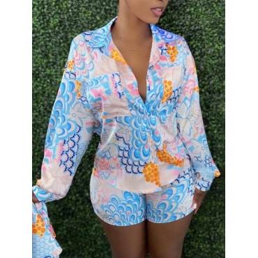 

LW Casual Turndown Collar Mixed Print Black Two Piece Shorts Set, Blue