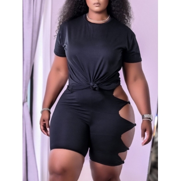 

Lovely Plus Size Round Neck Hollow-out Shorts Set (Side Knot Is Bought Separately), Black